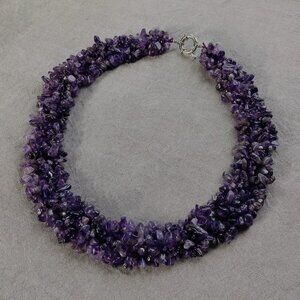 Purple Amethyst Chip Collar Necklace, Multi Strand, February Birthstone, 19"